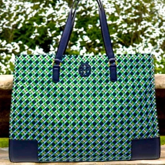 Tory Burch Women’s Ella Nylon Printed Tote Multi Geo logo Bag Navy Green - Picture 1 of 5